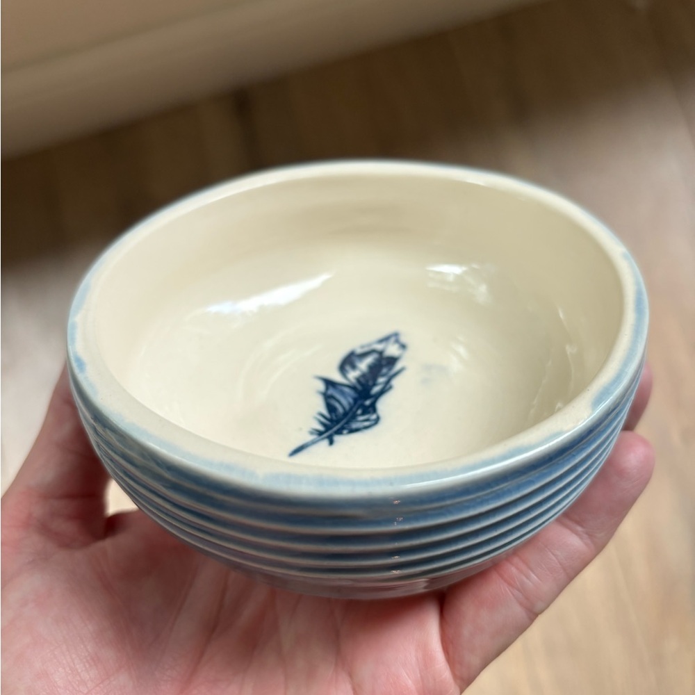 Hand Thrown Art Pottery Bowl Blue Feather Studio Clay Dish Rustic Handmade - Picture 5 of 12